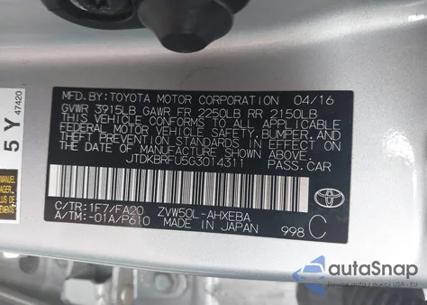 2016 Toyota Prius Two z USA, uszkodzony, nr VIN JTDKBRFU5G3014311